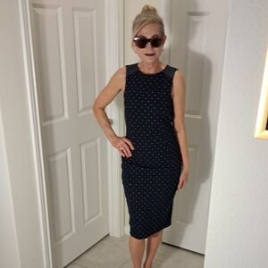 H&M Women’s Dress Small Black Polka Dot Sheath Bodycon Slip On Office Siren Midi